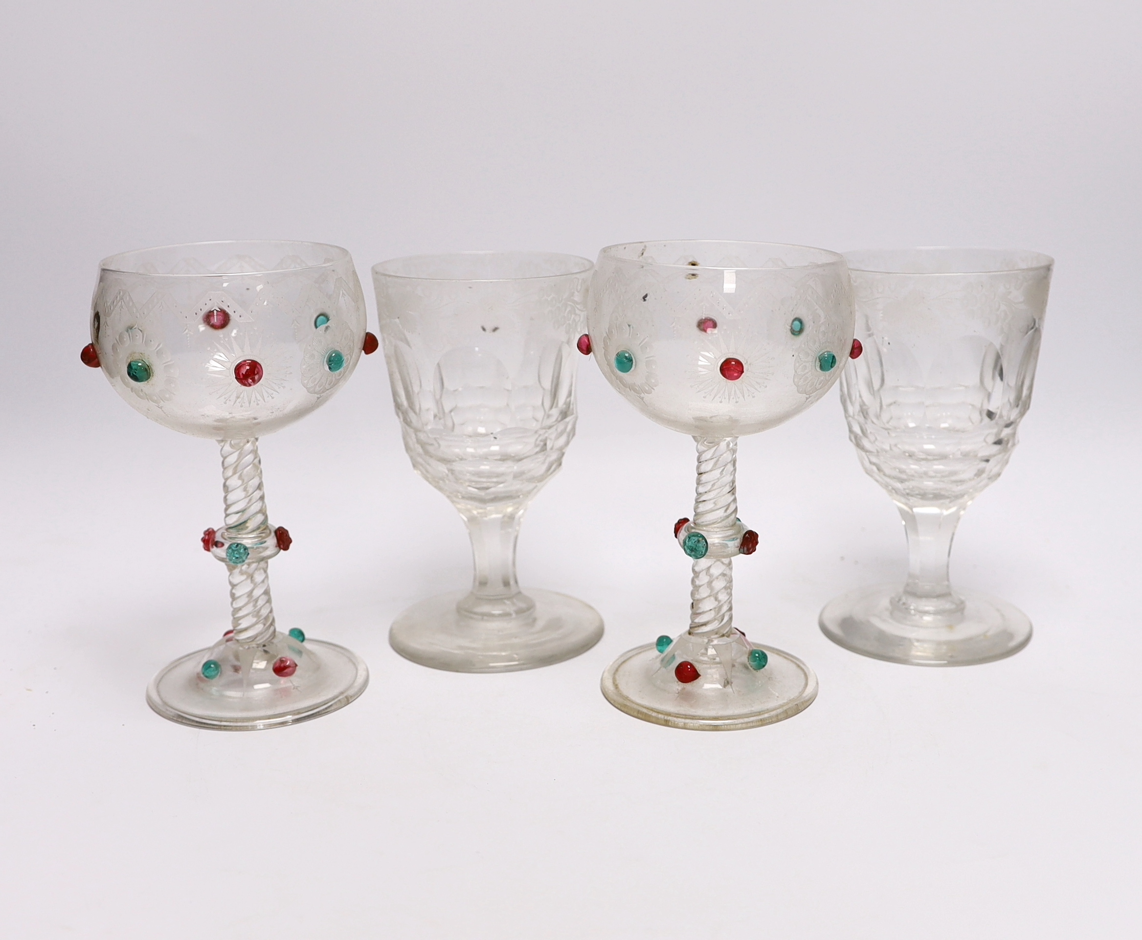 A pair of unusual Bohemian wheel engraved glass roemers with applied red and green glass prunts, possibly Moser and two vine engraved rummers, tallest 17cm